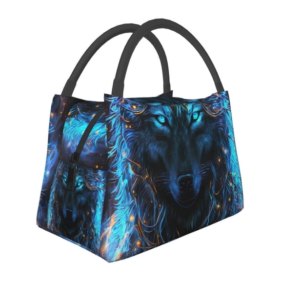 Horeoi Cool Blue Light Wolf Pattern Portable Insulation Bag for Work Picnic Travel with Zipper and Handle Foldable Thermal Lunch Tote