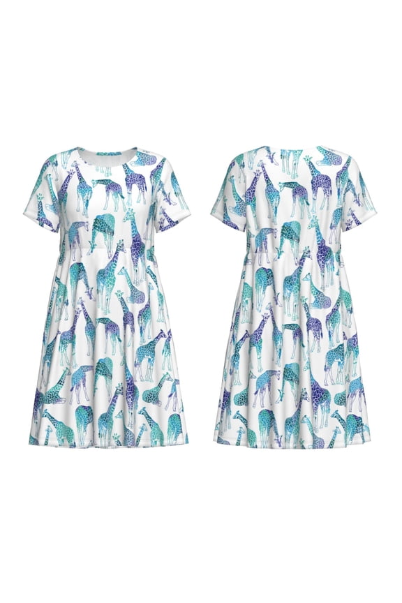 Cool Giraffe Print Women's Short Sleeve Dress Breathable Polyester-Spandex All-Over Print A-Line Side Pockets Elastic Waist