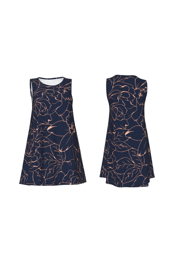 Copper-Gold Gloss Outline Flower Print Women's Sleeveless Dress Cotton-like Flared Hem Deep Side Pockets Above-Knee