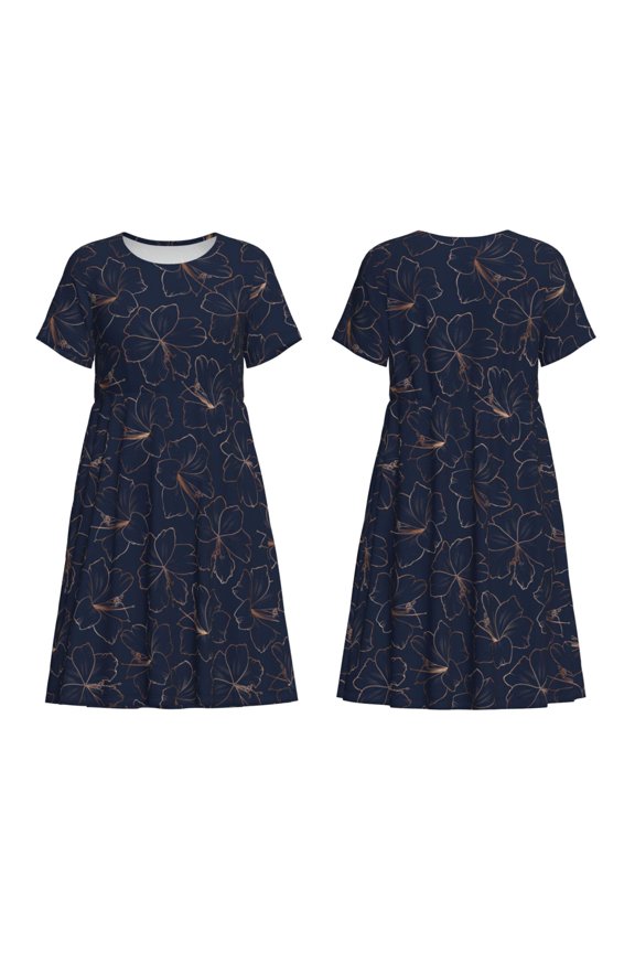 Copper-Gold Gloss Outline Lily Flower Print Women's Short Sleeve Dress Breathable Polyester-Spandex All-Over Print A-Line Side Pockets Elastic Waist