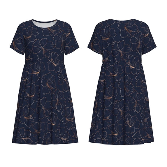 Horeoi Copper-Gold Gloss Outline Lily Flower Print Women's Short Sleeve Dress Breathable Polyester-Spandex All-Over Print A-Line Side Pockets Elastic Waist
