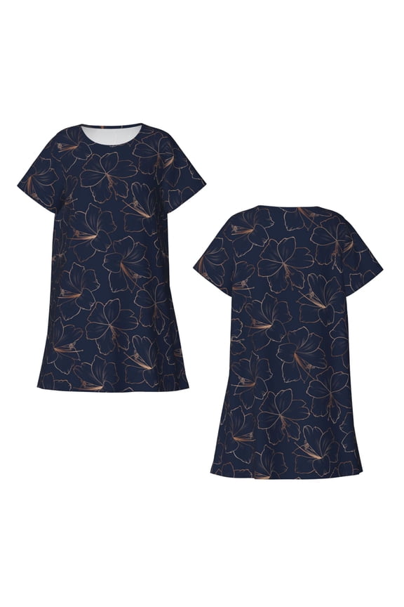 Copper-Gold Gloss Outline Lily Flower Print Women's Short-sleeved Nightdress Breathable Cotton-like Material Loose A-line Knee-length