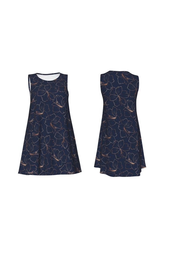 Copper-Gold Gloss Outline Lily Flower Print Women's Sleeveless Dress Cotton-like Flared Hem Deep Side Pockets Above-Knee