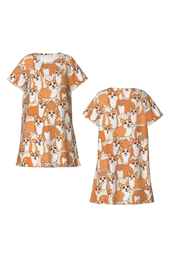Corgi Animal Print Women's Short-sleeved Nightdress Breathable Cotton-like Material Loose A-line Knee-length