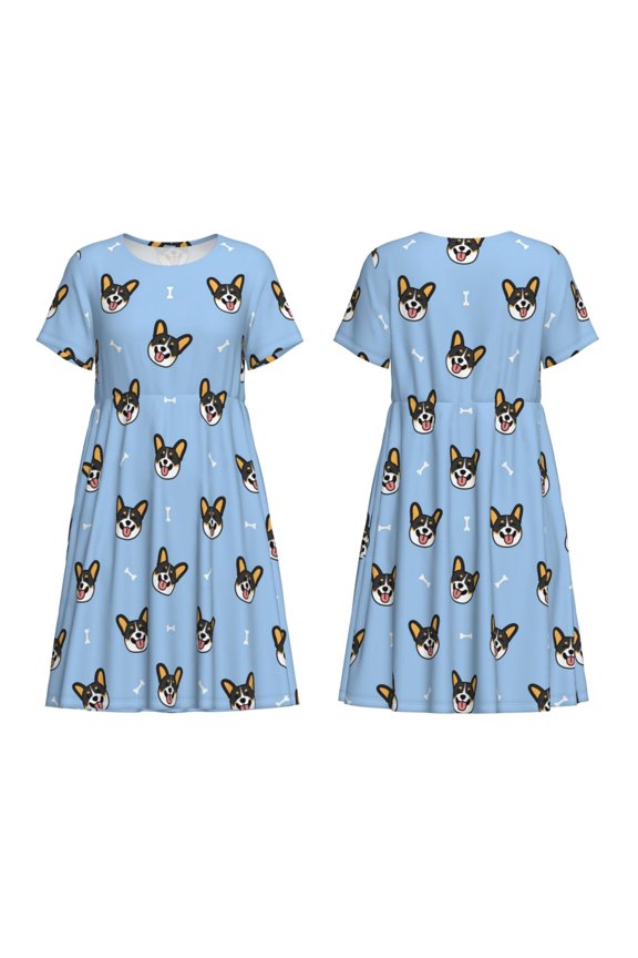 Corgi Dog Print Women's Short Sleeve Dress Breathable Polyester-Spandex All-Over Print A-Line Side Pockets Elastic Waist