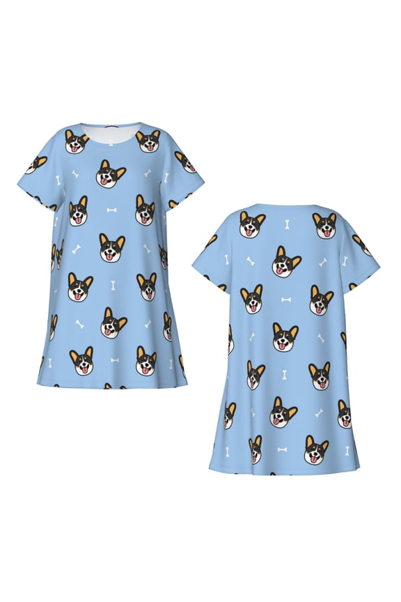 Corgi Dog Print Women's Short-sleeved Nightdress Breathable Cotton-like Material Loose A-line Knee-length