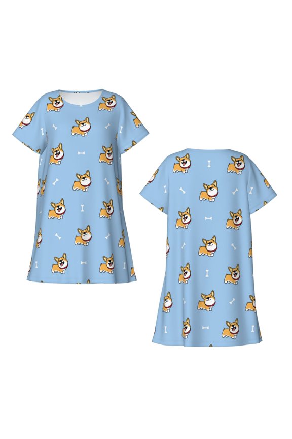 Corgi Dog Print Women's Short-sleeved Nightdress Breathable Cotton-like Material Loose A-line Knee-length