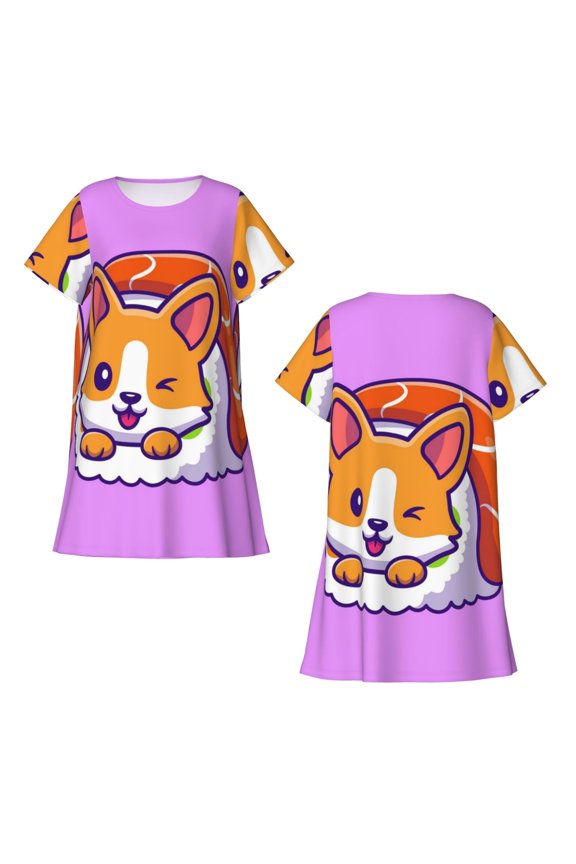 Corgi In Sushi Roll Print Women's Short-sleeved Nightdress Breathable Cotton-like Material Loose A-line Knee-length
