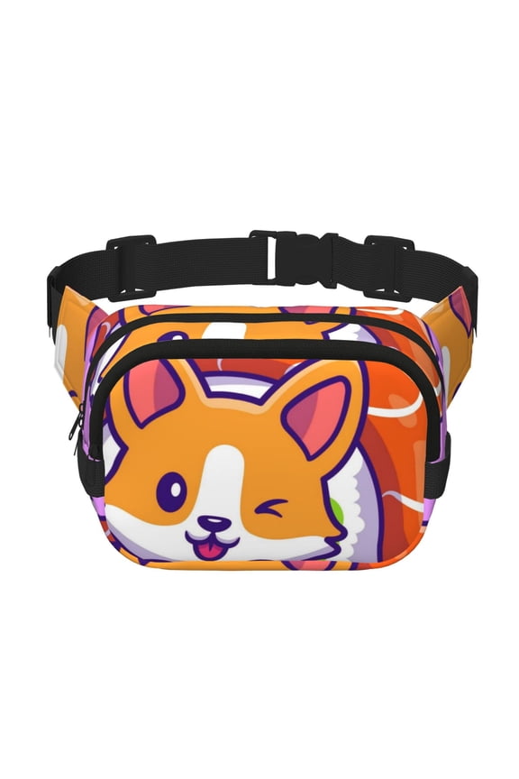 Corgi In Sushi Roll for Square Double Layer Waist Bag for Travel Cycling Outdoor Activities with Adjustable Strap and Zipper Pockets