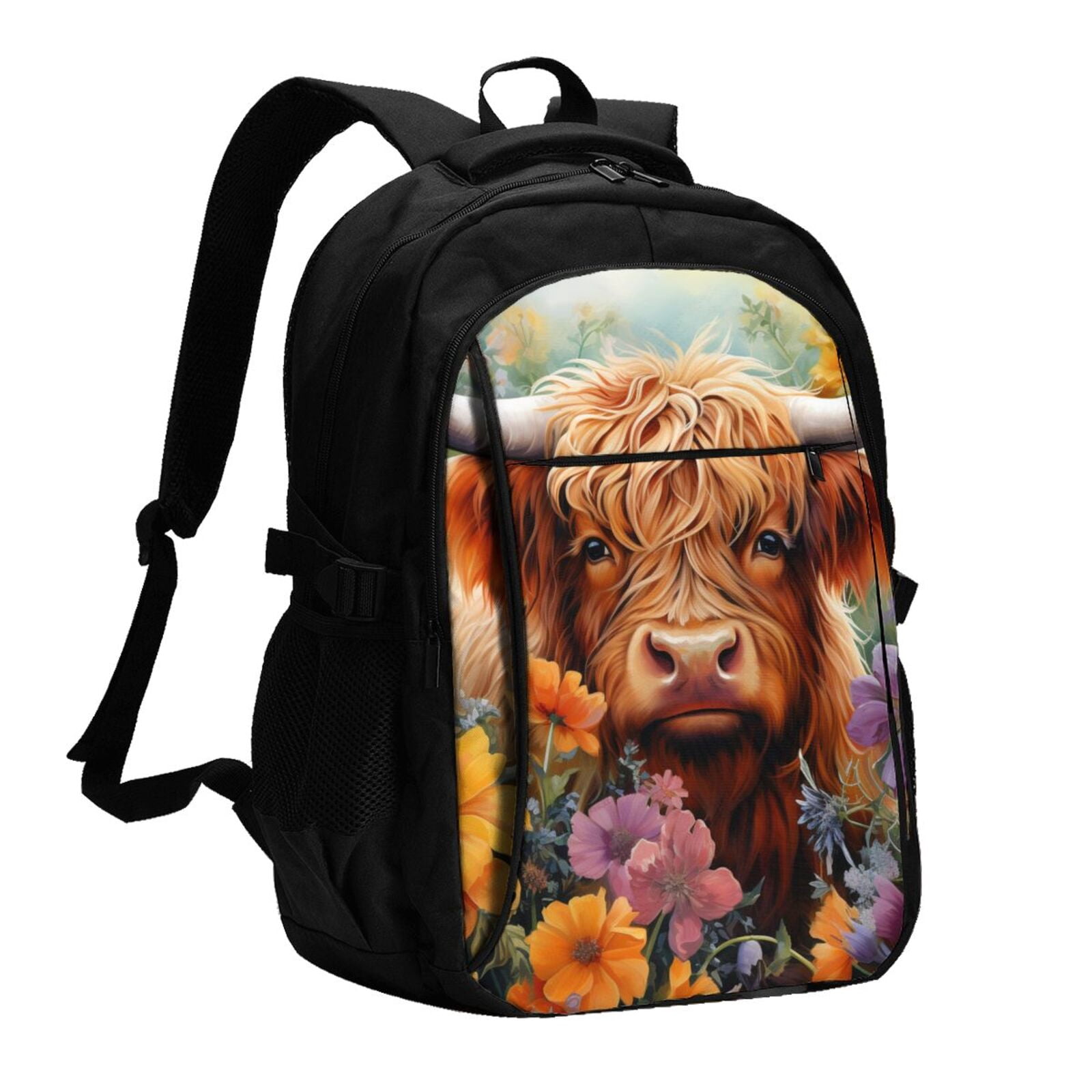 Horeoi Countryside Colorful Floral Cow Print USB Backpack for Travel School Work with Laptop Compartment Charging Port and Anti-Theft Pocket