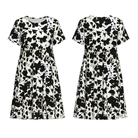 Horeoi Cow Skin 1 Print Women's Short Sleeve Dress Breathable Polyester-Spandex All-Over Print A-Line Side Pockets Elastic Waist