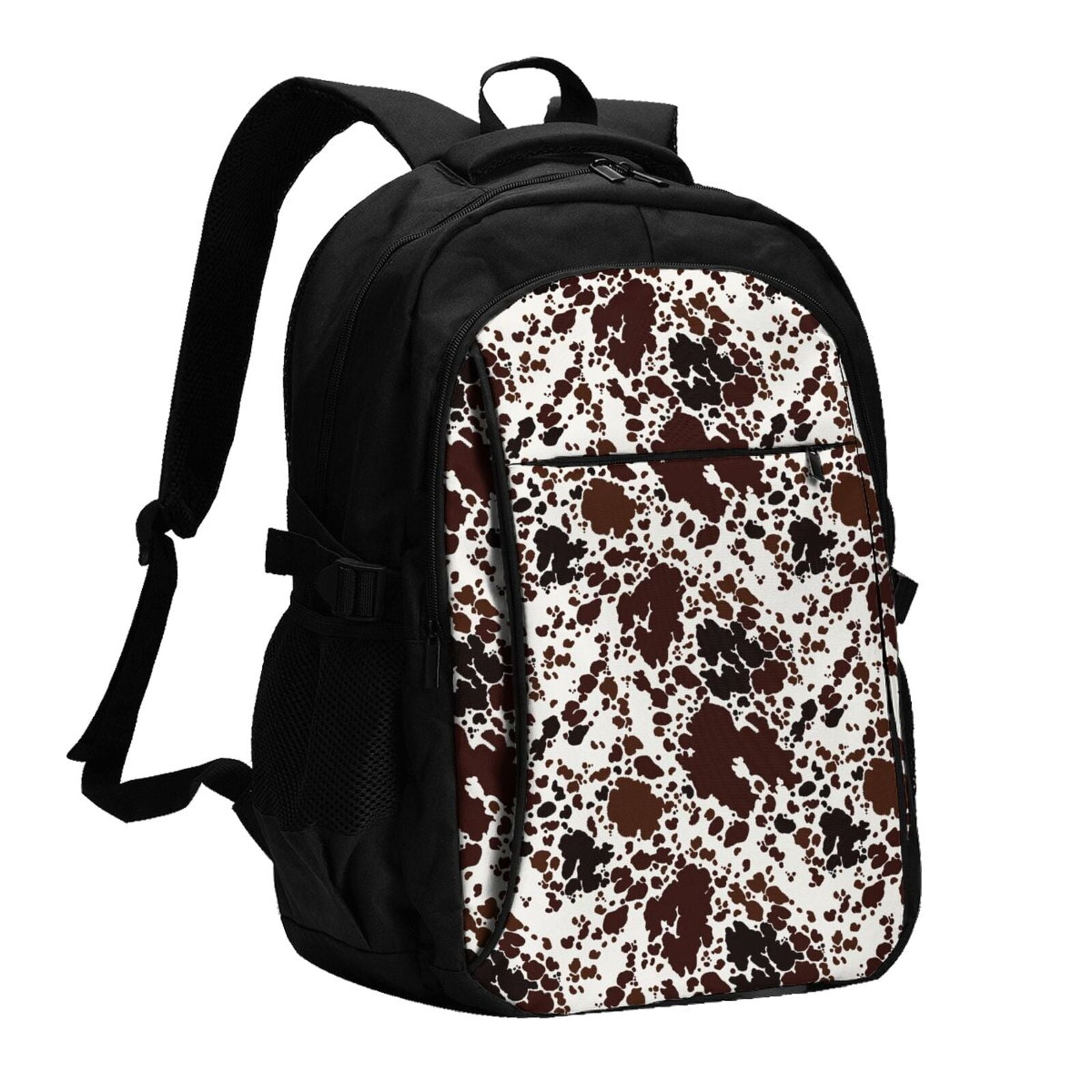 Horeoi Cow Skin Print USB Backpack for Travel School Work with Laptop Compartment Charging Port and Anti-Theft Pocket