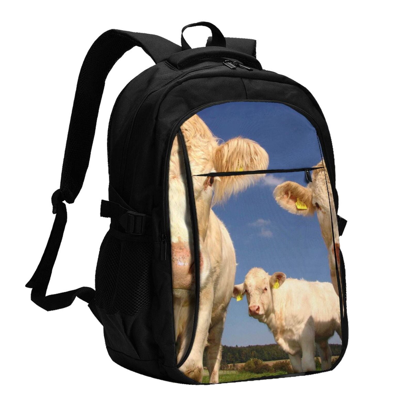 Horeoi Cows Cattles Print USB Backpack for Travel School Work with Laptop Compartment Charging Port and Anti-Theft Pocket
