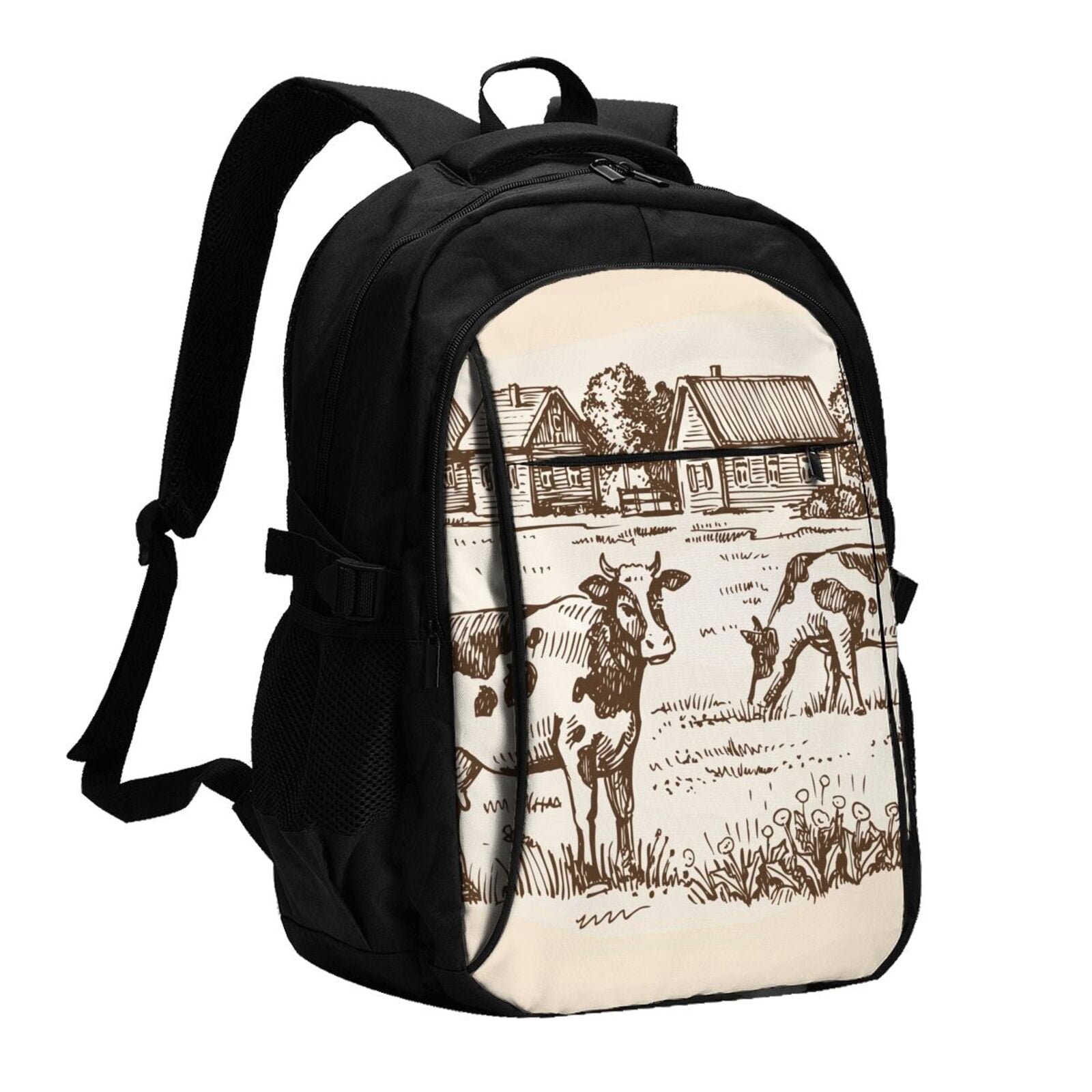 Horeoi Cows On The Farm Print USB Backpack for Travel School Work with Laptop Compartment Charging Port and Anti-Theft Pocket