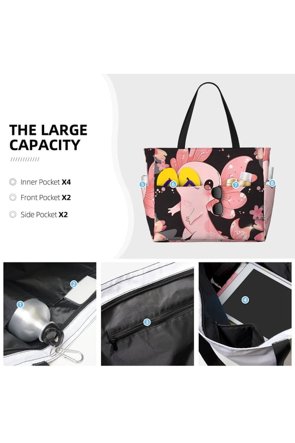 Cute Axolotl Sakura Blossoms A Print Large Capacity Beach Travel Bag Waterproof Polyester with Multiple Pockets for Beach Camping Gym