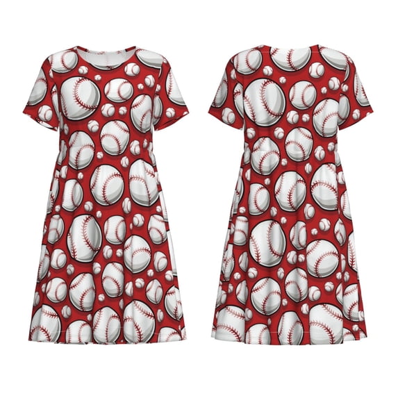 Horeoi Cute Baseball Print Women's Short Sleeve Dress Breathable Polyester-Spandex All-Over Print A-Line Side Pockets Elastic Waist