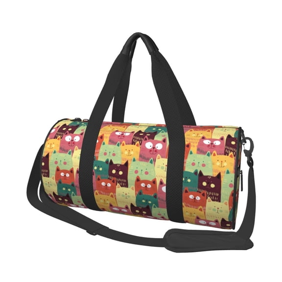 Horeoi Cute Cartoon Cat Print Foldable Travel Duffle Bag with Removable Strap - Water-Resistant Gym Vacation Luggage Multi-Pocket Design