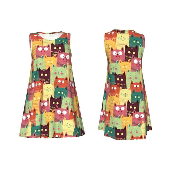 Horeoi Cute Cartoon Cat Print Women's Sleeveless Dress Cotton-like Flared Hem Deep Side Pockets Above-Knee