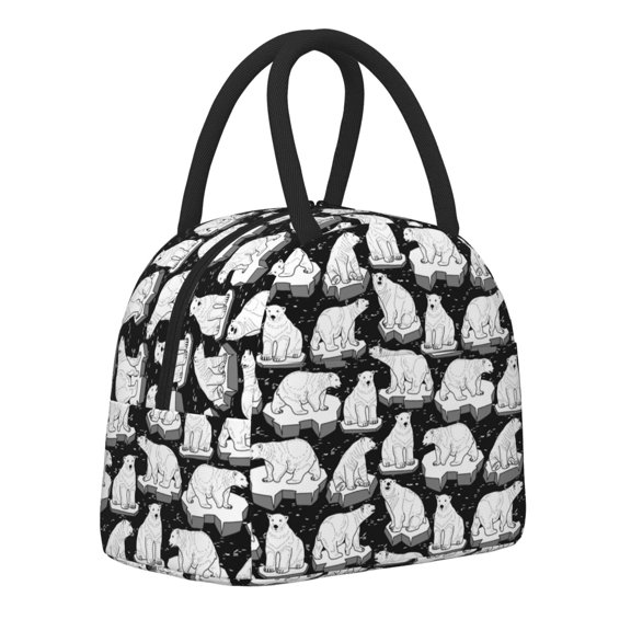 Horeoi Cute Cartoon Polar Bear Pattern Large Insulated Lunch Bag for Work, School, Picnic - Waterproof, Durable Oxford Cloth, Comfortable Handle-Black