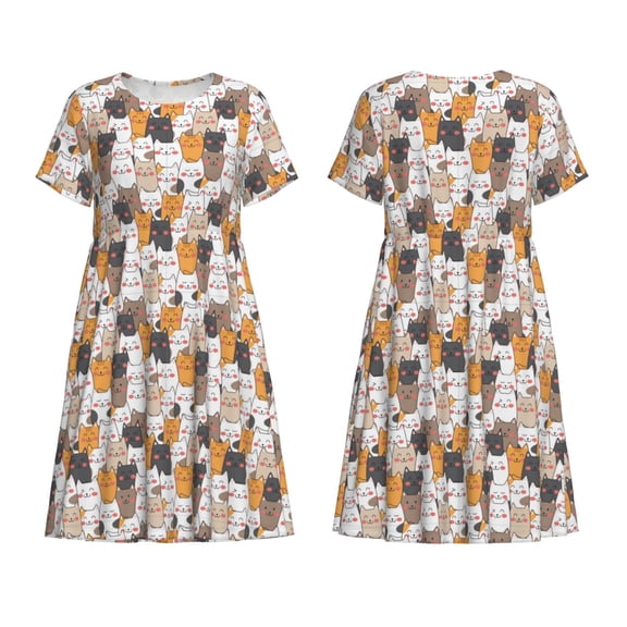 Horeoi Cute Cats Print Women's Short Sleeve Dress Breathable Polyester-Spandex All-Over Print A-Line Side Pockets Elastic Waist