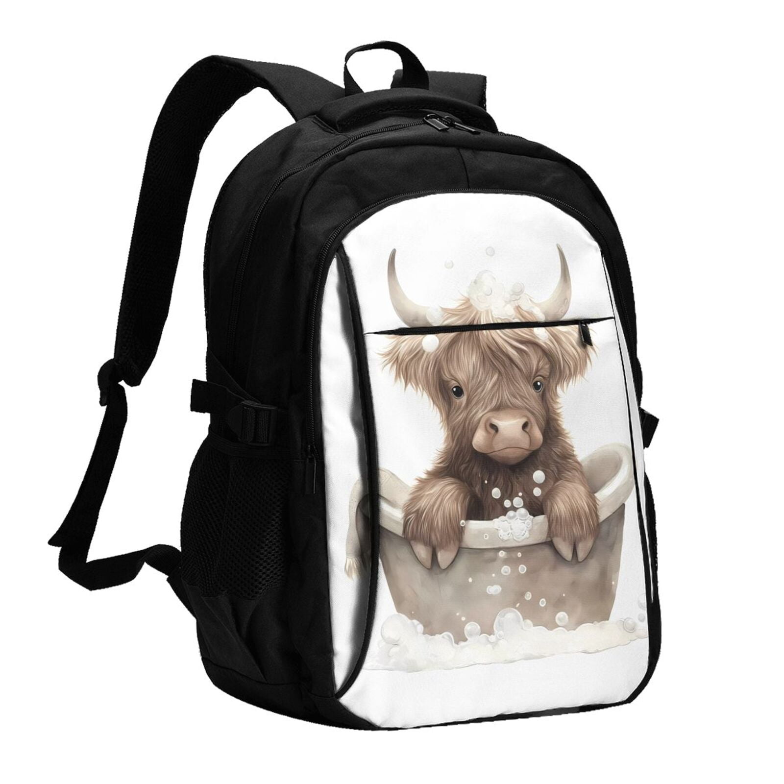 Horeoi Cute Cow Bath Print USB Backpack for Travel School Work with Laptop Compartment Charging Port and Anti-Theft Pocket