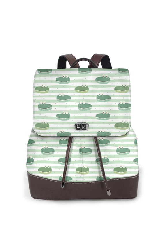 Cute Crocodile for Womens Leather Backpack for School Travel Work or Casual Use with Zipper Pockets and Spacious Interior