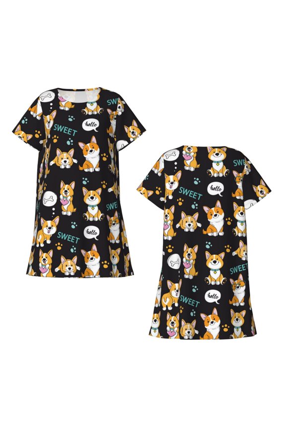 Cute Dogs Corgi Print Women's Short-sleeved Nightdress Breathable Cotton-like Material Loose A-line Knee-length