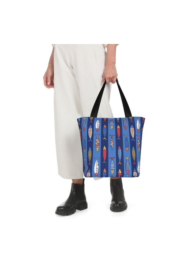 Cute Fish Print Shoulder Bag for Women Large Capacity Zipper Tote for Shopping Beach Travel Gym with Inner Pocket