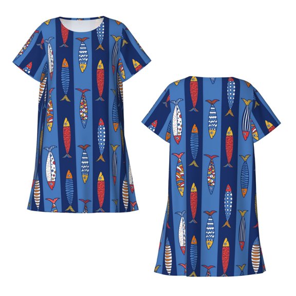 Horeoi Cute Fish Print Women's Short-sleeved Nightdress Breathable Cotton-like Material Loose A-line Knee-length