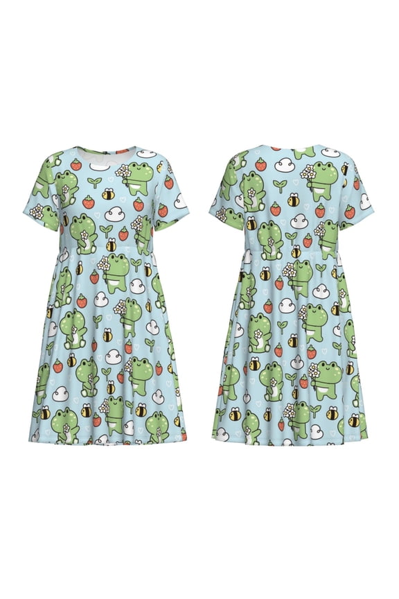 Cute Floral Frog Print Women's Short Sleeve Dress Breathable Polyester-Spandex All-Over Print A-Line Side Pockets Elastic Waist