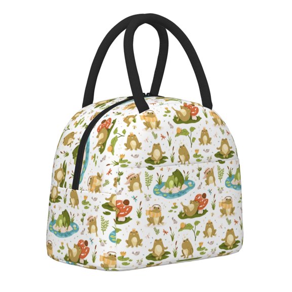 Horeoi Cute Frog Pattern Large Insulated Lunch Bag for Work, School, Picnic - Waterproof, Durable Oxford Cloth, Comfortable Handle-Black