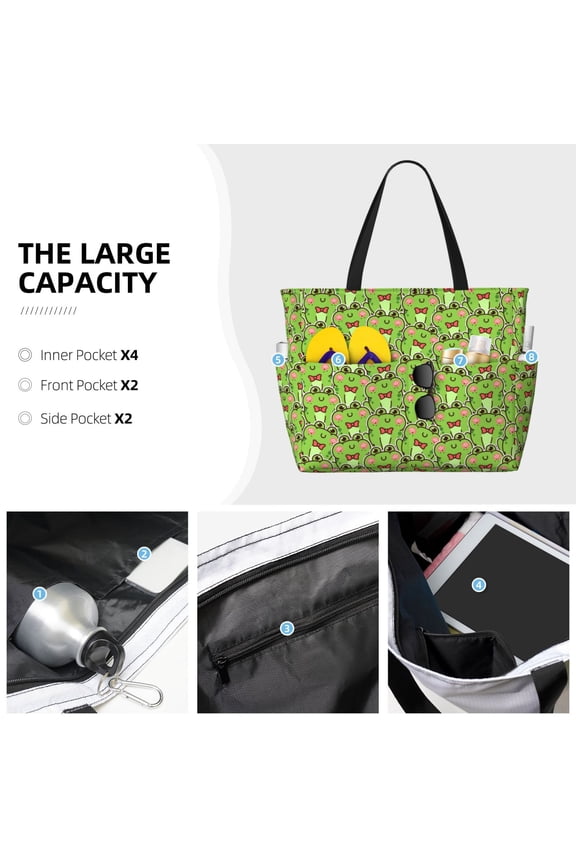 Cute Green Frog Print Large Capacity Beach Travel Bag Waterproof Polyester with Multiple Pockets for Beach Camping Gym