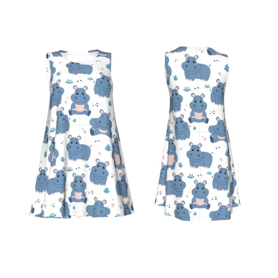 Horeoi Cute Hippos Print Women's Sleeveless Dress Cotton-like Flared Hem Deep Side Pockets Above-Knee