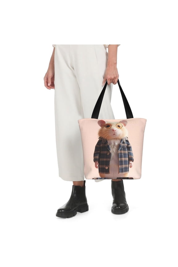 Cute Mouse In Glasses Print Shoulder Bag for Women Large Capacity Zipper Tote for Shopping Beach Travel Gym with Inner Pocket