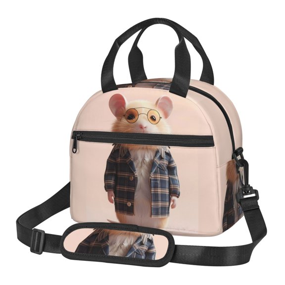 Horeoi Cute Mouse In Glasses for Insulated Lunch Bag with Adjustable Strap Thermal Tote for Picnic Work School Lightweight Waterproof & Detachable