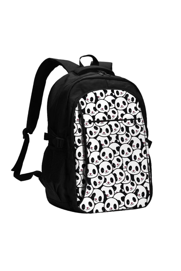 Cute Panda Face Print USB Backpack for Travel School Work with Laptop Compartment Charging Port and Anti-Theft Pocket