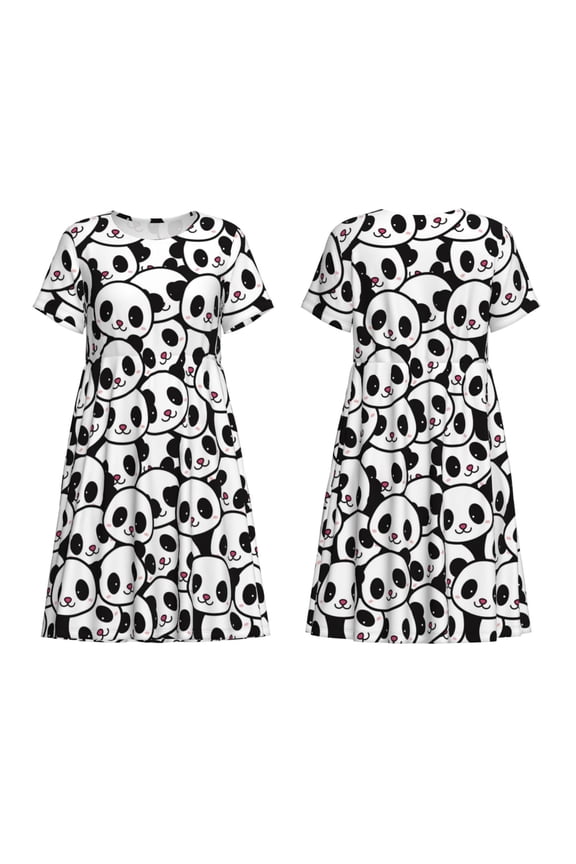 Cute Panda Print Women's Short Sleeve Dress Breathable Polyester-Spandex All-Over Print A-Line Side Pockets Elastic Waist
