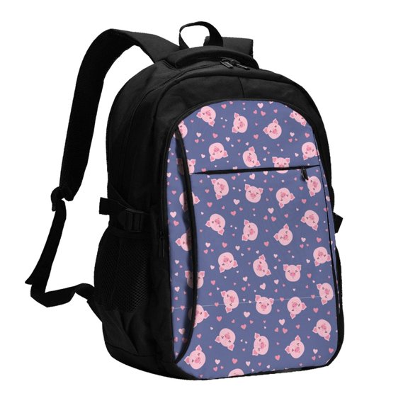 Horeoi Cute Pig Print USB Backpack for Travel School Work with Laptop Compartment Charging Port and Anti-Theft Pocket