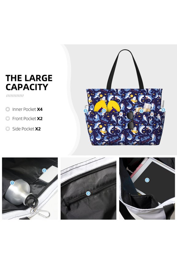 Cute Shark Print Large Capacity Beach Travel Bag Waterproof Polyester with Multiple Pockets for Beach Camping Gym