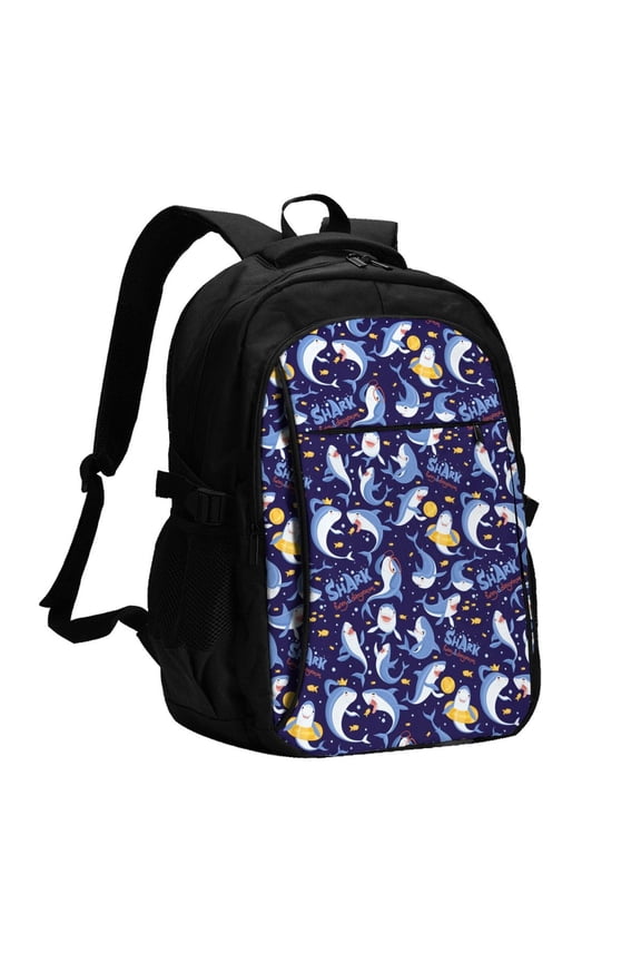 Cute Shark Print USB Backpack for Travel School Work with Laptop Compartment Charging Port and Anti-Theft Pocket