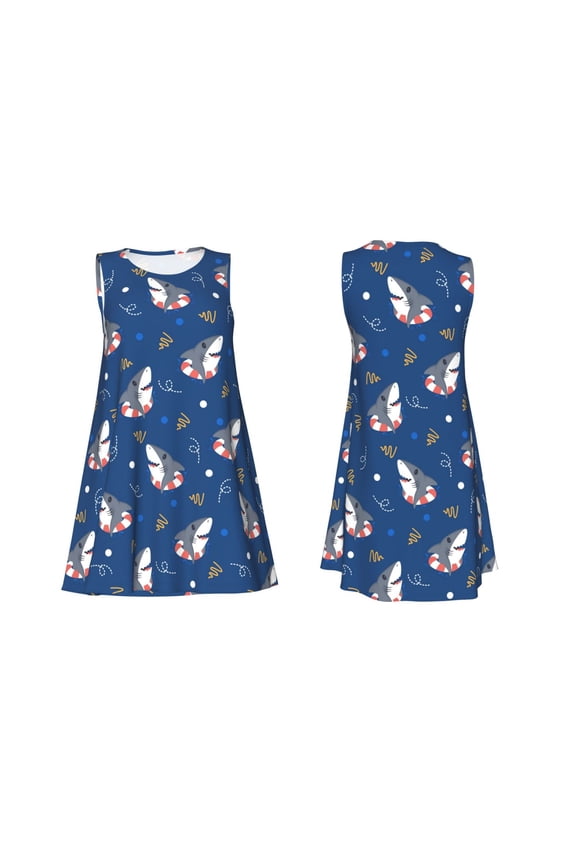 Cute Shark Print Women's Sleeveless Dress Cotton-like Flared Hem Deep Side Pockets Above-Knee