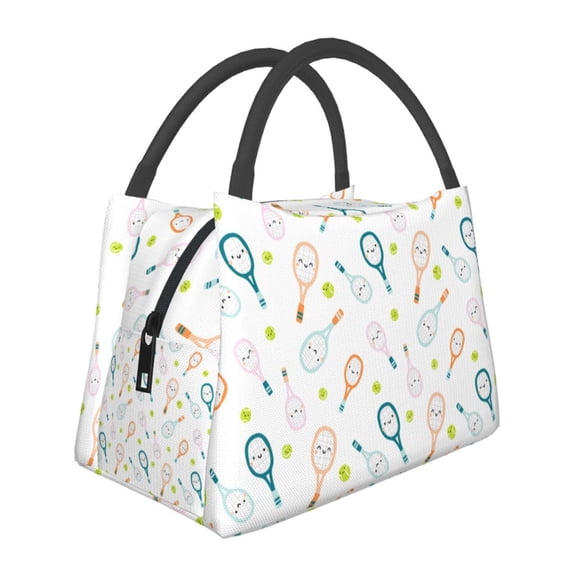 Horeoi Cute Tennis Rackets Pattern Portable Insulation Bag for Work Picnic Travel with Zipper and Handle Foldable Thermal Lunch Tote