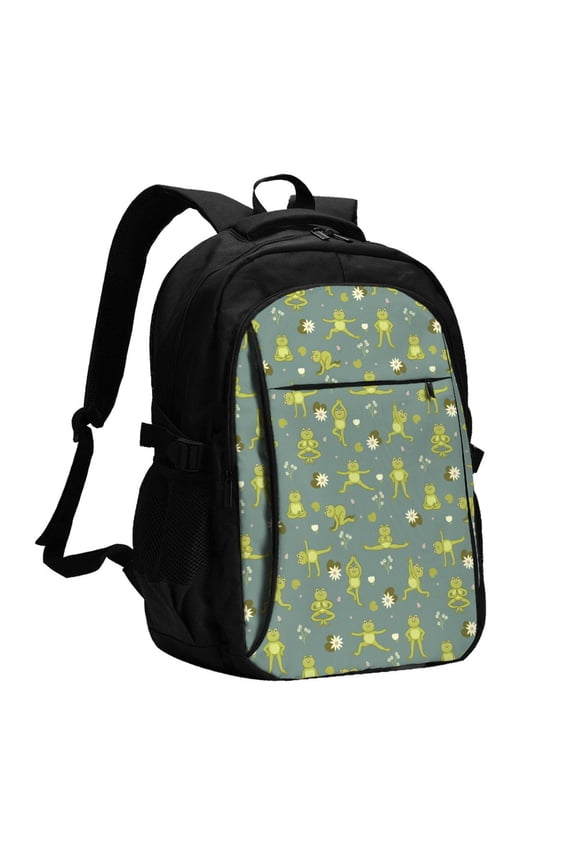 Cute Yoga Frogs Print USB Backpack for Travel School Work with Laptop Compartment Charging Port and Anti-Theft Pocket