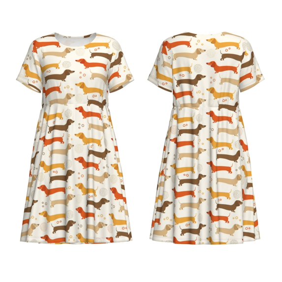Horeoi Dachshund Print Women's Short Sleeve Dress Breathable Polyester-Spandex All-Over Print A-Line Side Pockets Elastic Waist