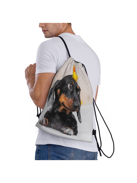 Dachshund Sitting in Bathtub Print Drawstring Bags for Gym Sports Yoga Travel Lightweight Foldable Sackpack for Men Women Teens