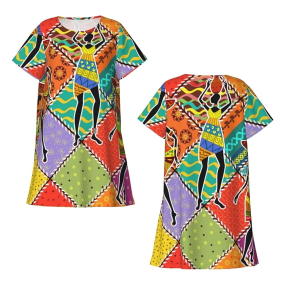 Horeoi Dancing African Womans Print Women's Short-sleeved Nightdress Breathable Cotton-like Material Loose A-line Knee-length