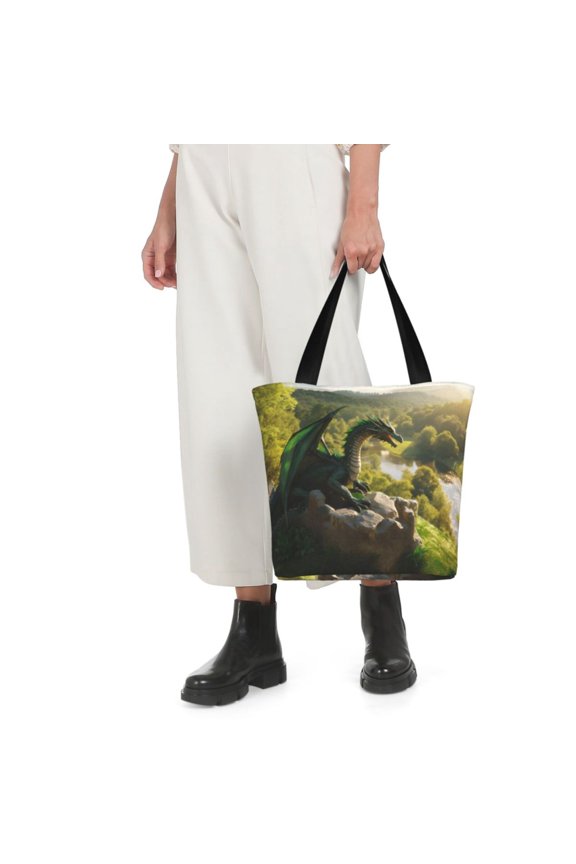 Deep Forest Stone Green Dragon Print Shoulder Bag for Women Large Capacity Zipper Tote for Shopping Beach Travel Gym with Inner Pocket