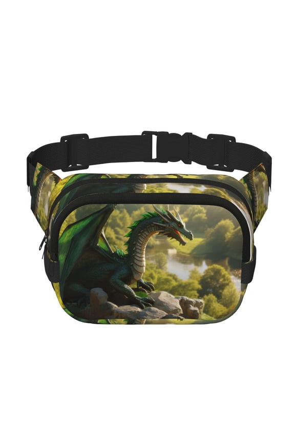 Deep Forest Stone Green Dragon for Square Double Layer Waist Bag for Travel Cycling Outdoor Activities with Adjustable Strap and Zipper Pockets