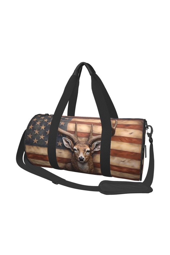 Deer American Flag Wall Print Foldable Travel Duffle Bag with Removable Strap - Water-Resistant Gym Vacation Luggage Multi-Pocket Design