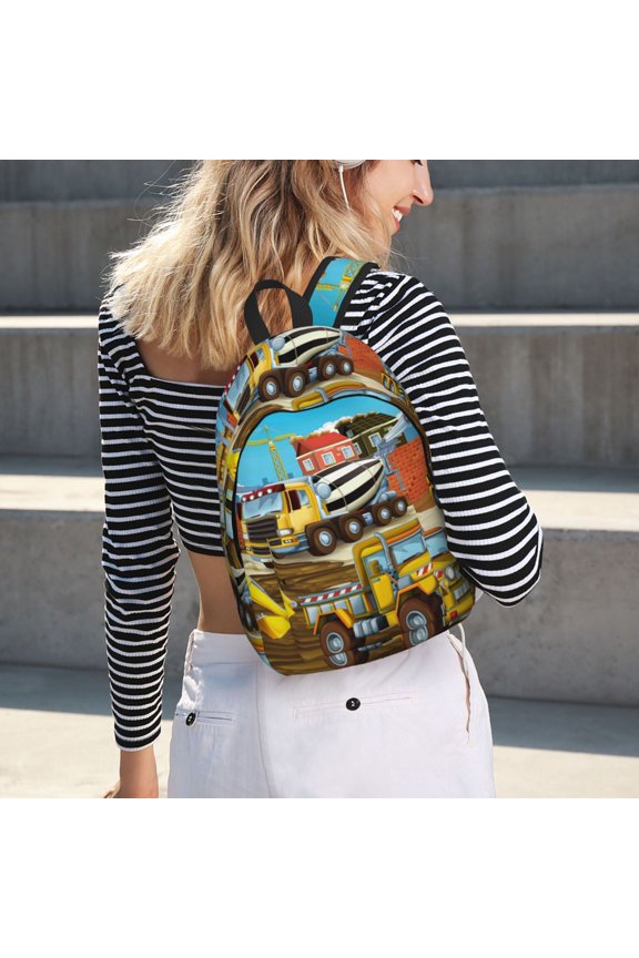 Different Construction Site Vehicles for Canvas Backpack for School Outdoor Travel Use Men Women Teenagers Large Capacity with Adjustable Shoulder Straps